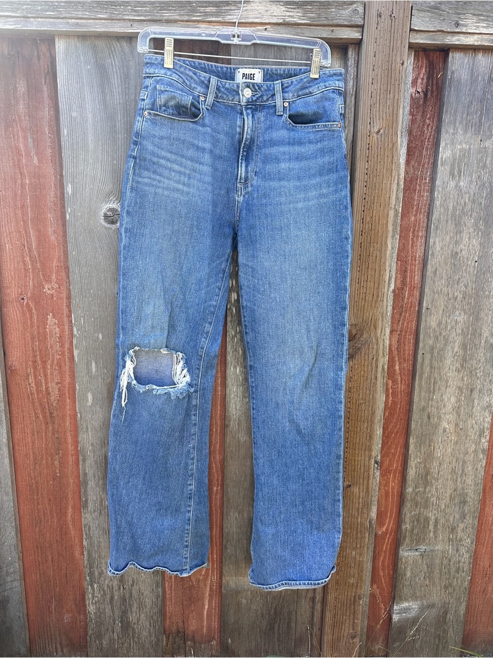 PAIGE Medium Blue Distressed LEENAH bootcut jeans, size 29